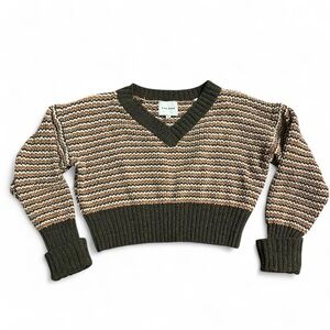 Pink Rose brown and green striped 80s style V-neck cropped sweater